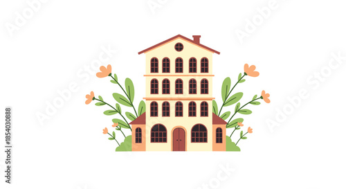 Charming multi story apartment building illustration with tall stylized flowers and green bushes growing on either side.
