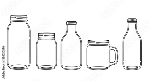 Minimalist line art illustration of several different empty glass bottles and jars in various shapes and sizes in a row.