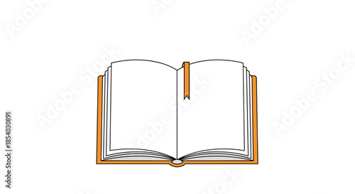 Simple open hardcover book with blank white pages and a thin orange ribbon bookmark resting on a clean white background.