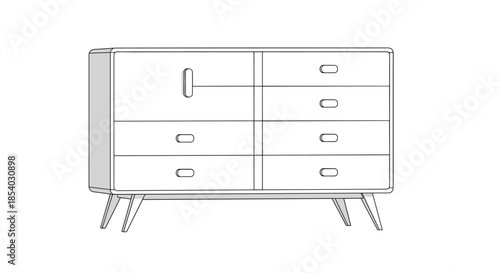Linear drawing of a stylish mid century modern wooden dresser with six drawers and tapered legs on a white background.