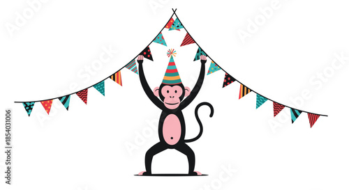 Playful monkey wearing a striped party hat and holding up a festive bunting garland for a birthday celebration.