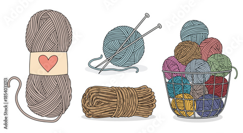 Collection of knitting supplies including a large skein of brown yarn needles and a basket full of colorful wool.