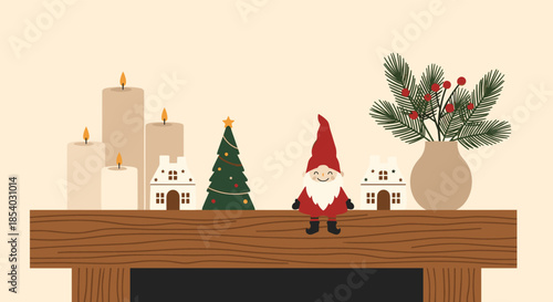 Cozy christmas mantelpiece decorated with burning candles mini tree wooden houses and a cute gnome with greenery.