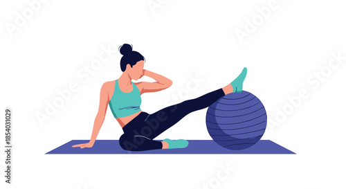 Sporty woman performing abdominal crunches using a blue fitness ball on a purple yoga mat during home workout.
