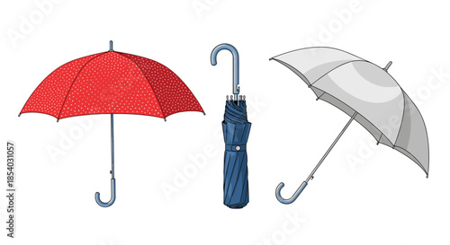 Collection of three umbrellas including an open red dotted one a folded blue one and a partially open grey one.