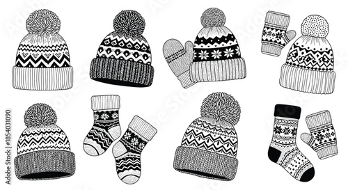 Collection of detailed black and white sketches depicting various knitted winter hats patterned socks and warm mittens.