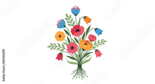 Beautiful bouquet of assorted colorful wildflowers with green leaves tied together in a graceful arrangement on a white background.