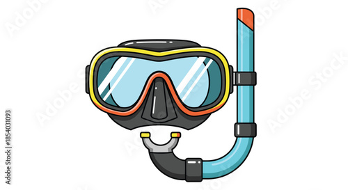 Professional diving equipment including a black and yellow snorkel mask with a blue breathing tube for underwater exploration.