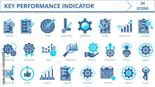 key performance indicator icon set collection in dual tone style. Icon pack contain KPI, objective, accountability ,target, measurement, optimization, strategy, performance, evaluation