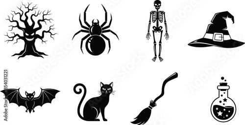 Halloween spooky icon set with witch hat skeleton spider black cat bat broom potion silhouette vector illustration collection symbols design