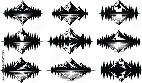 Mountain landscape reflection icon set with pine forest lake symmetry minimalist black white vector illustration collection nature outdoor symbols design