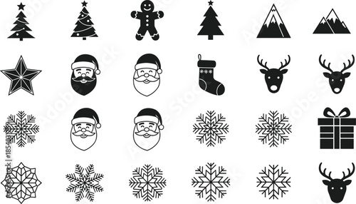 Christmas winter holiday icon set with snowflakes Santa reindeer trees gifts gingerbread minimalist black white vector illustration collection symbols design