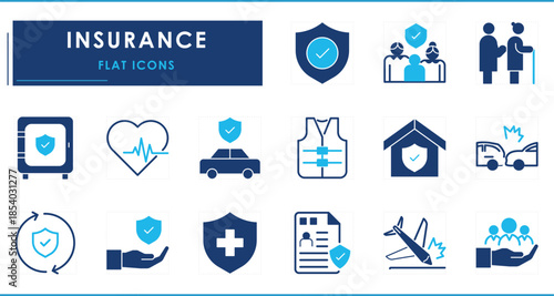 A set of flat icons related to Insurance. Life, money, protection, family, accident, vehicles, house, and so on.