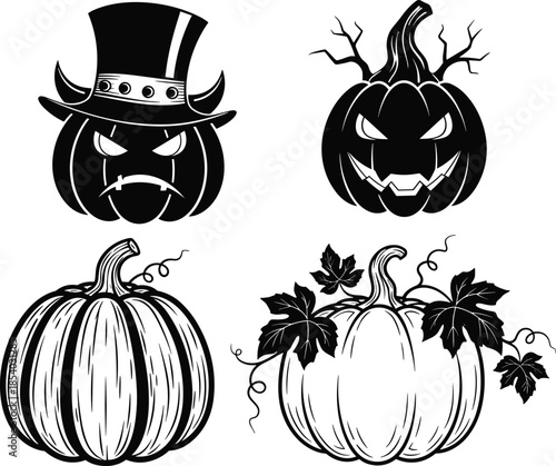 Halloween pumpkin vector set with scary jack o lantern faces decorative autumn squash icons isolated black white illustration design collection