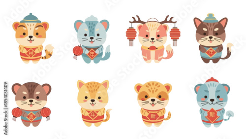 Cute Cartoon Animals Wearing Traditional Chinese Clothing and Hats.