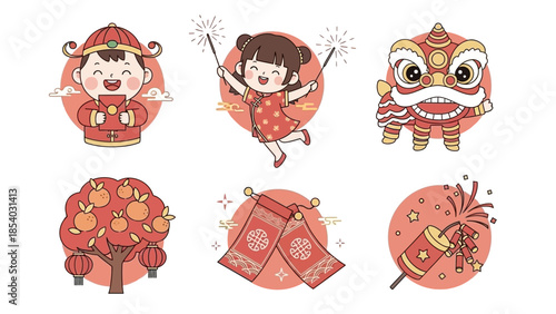 Chinese New Year Celebration Elements with Children and Lion Dance.