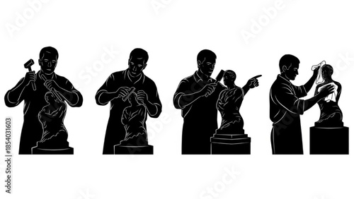 Black Sculptor Silhouette Vector Showing Chiseling Sanding Inspecting and Cleaning Finish Poses