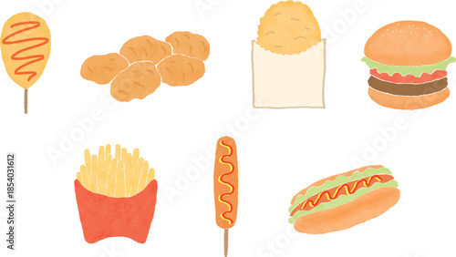 手描き風のジャンクフードのイラストセット
