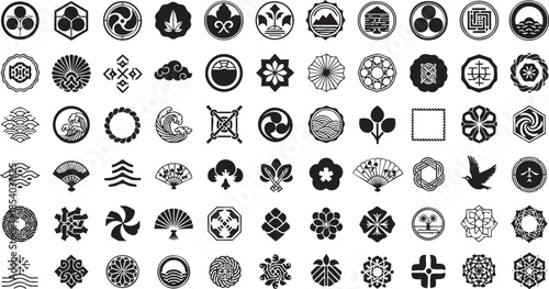Fotografie Japanese Kamon Family Crest Set – Traditional Minimalist Emblem and Icon Collect