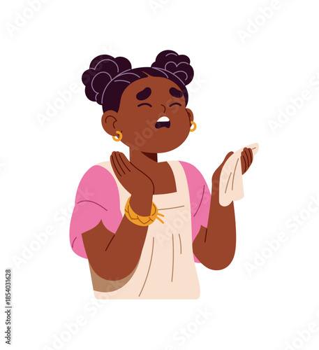 Sick little girl sneezes, holds nose tissue. Child with flu, cold coughs with handkerchief in hand. Ill kid suffers from allergic rhinitis, influenza, fever. Flat isolated vector illustration on white