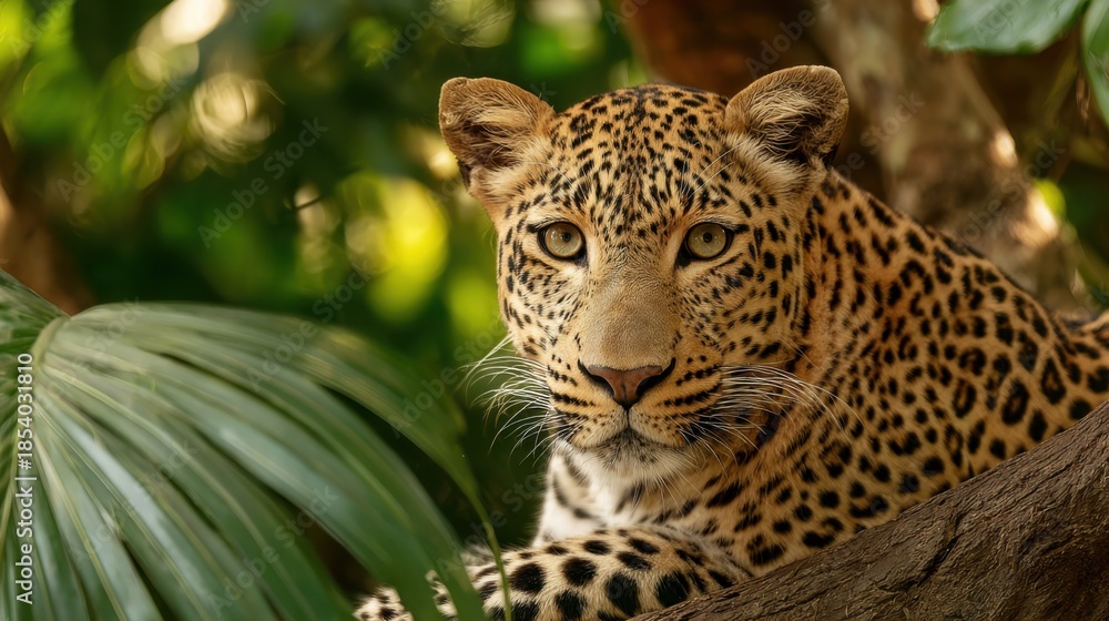 Fototapeta premium A majestic leopard resting on a branch, with a lush blurry background of vibrant green tropical leaves. Shallow depth of field 