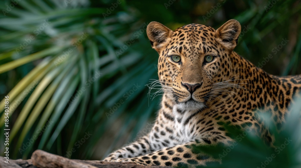 Fototapeta premium A majestic leopard resting on a branch, with a lush blurry background of vibrant green tropical leaves. Shallow depth of field 