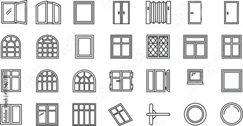 Window and door line icon set featuring architectural frames, house openings, interior and exterior elements, building construction and home design symbols