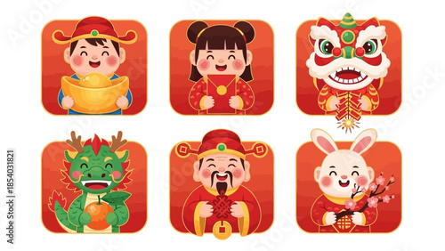 Chinese New Year Icons Featuring Festive Characters and Symbols.