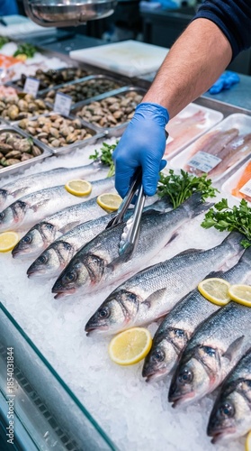 Row of whole fish displayed on crushed ice at a seafood counter. A gloved hand uses tongs to pick up a fish among lemon slices and parsley garnish.