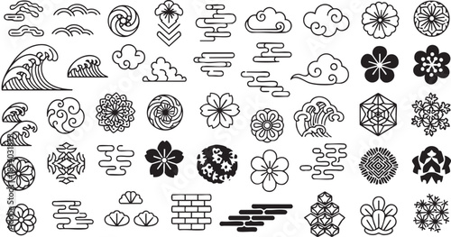 Japanese Traditional Motif Set – Classic Cloud, Wave, and Floral Vector Icons