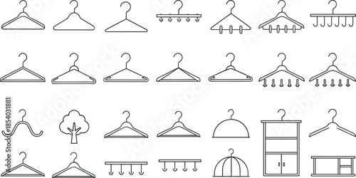 Clothes hanger and wardrobe line icon set featuring clothing organizers, coat hangers, racks, storage solutions and minimal closet organization symbols