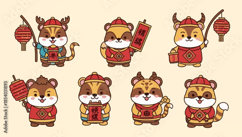 Cute Cartoon Hamsters Celebrating Chinese New Year with Lanterns and Scrolls.