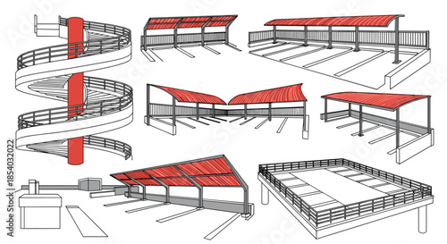 Architectural sketch collection of modern structures including a spiral staircase and covered parking lots with a distinct red roof accent.