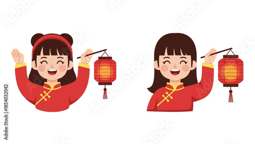 Two happy cartoon girls in traditional Chinese clothing holding lanterns.