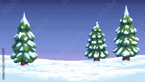 Pixel art winter landscape with snow covered fir trees and a seamless horizontal background. Cool blue sky and snowy ground create a calm forest scene. Ideal for games, patterns, and holiday designs.