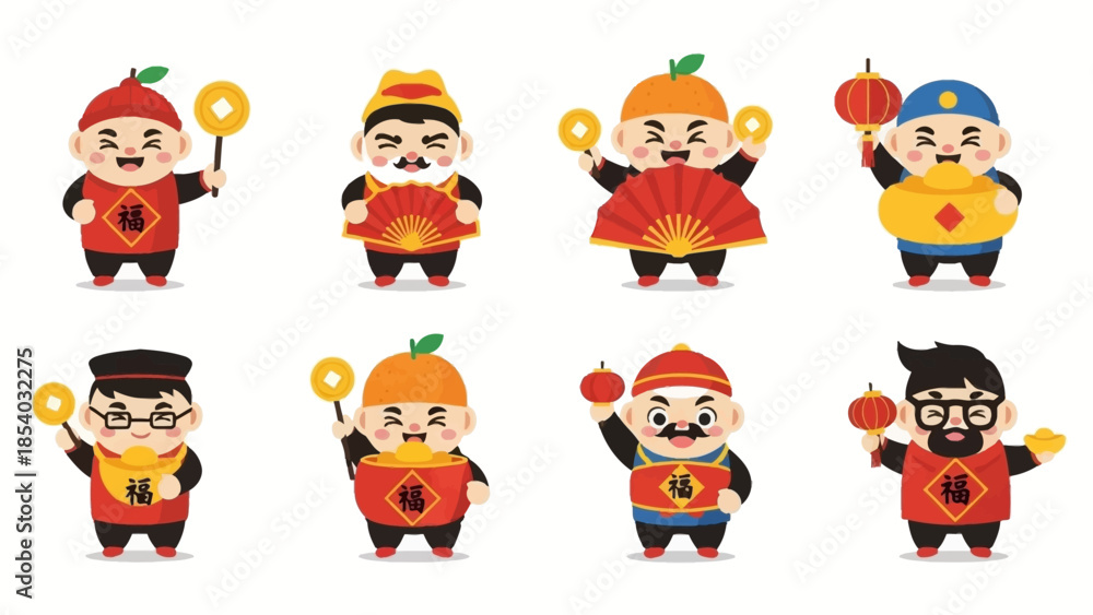 Obraz premium Collection of eight adorable cartoon characters representing the Chinese God of Wealth each holding traditional symbols of prosperity and good fortune.