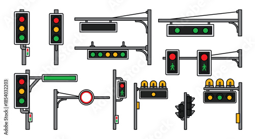 Assortment of various traffic light and signal designs, including pedestrian crosswalk signals, in a colorful, outlined flat vector style.