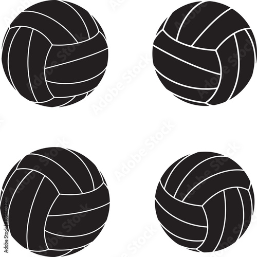 Four black solid silhouettes illustrations of volleyballs