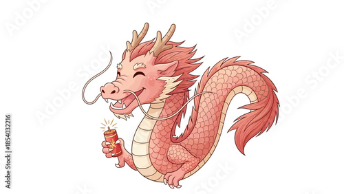 Cute Pink Dragon Holding a Firecracker.