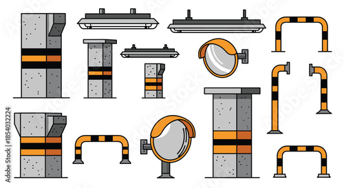 Vector set of urban and industrial parking equipment including concrete bollards, safety barriers, and convex mirrors in an outlined style.
