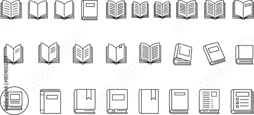 Book and reading line icon set featuring open books, textbooks, notebooks, learning materials, education symbols and minimal publishing illustrations
