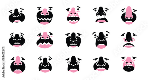 Collection of expressive cartoon faces showing emotions of sadness, worry, and despair with drooping eyes and downturned mouths.