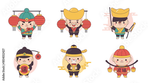 Cute Chinese New Year Characters with Traditional Attire and Symbols.