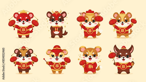 Set of eight cute cartoon mice in traditional Chinese New Year outfits holding lanterns and firecrackers.