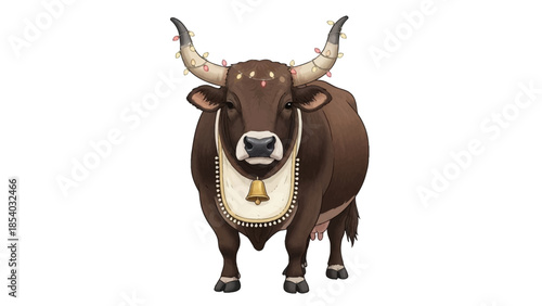 Decorated Indian Bull Standing Majestically on White Background.