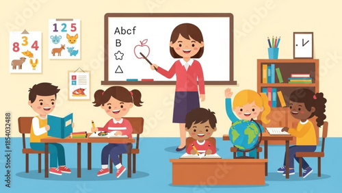 Happy teacher and students in classroom with books and globe, learning abcs and numbers on whiteboard, educational fun