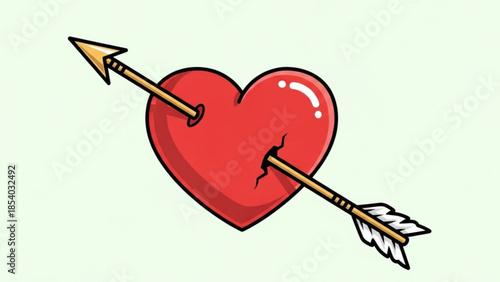 A cartoon red heart pierced by a golden arrow with white feathers on a light green background