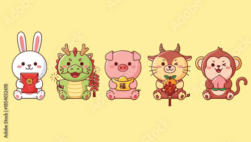 Cute cartoon Chinese zodiac animals holding red envelopes and gold ingots.