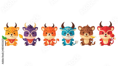 Adorable Cartoon Ox Characters in Various Poses and Colors.