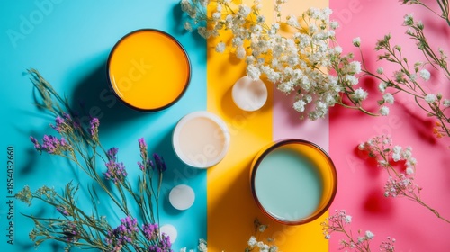 A vibrant arrangement of colorful candles and delicate flowers on a bright background. This artistic display creates a serene and inviting atmosphere. Generative AI